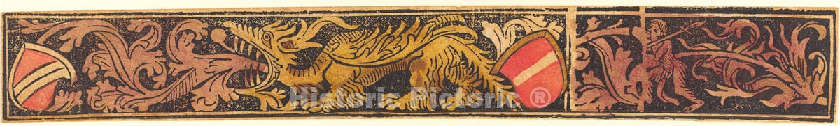 Art Print : Grotesque Strip with Dragon, Shields and Wild Men, c.1488 - Vintage Wall Art