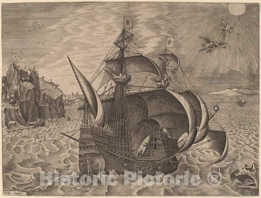 Art Print : Frans Huys After Bruegel The Elder, Armed Three-Master with Daedalus and Icarus in The Sky, 1565 - Vintage Wall Art