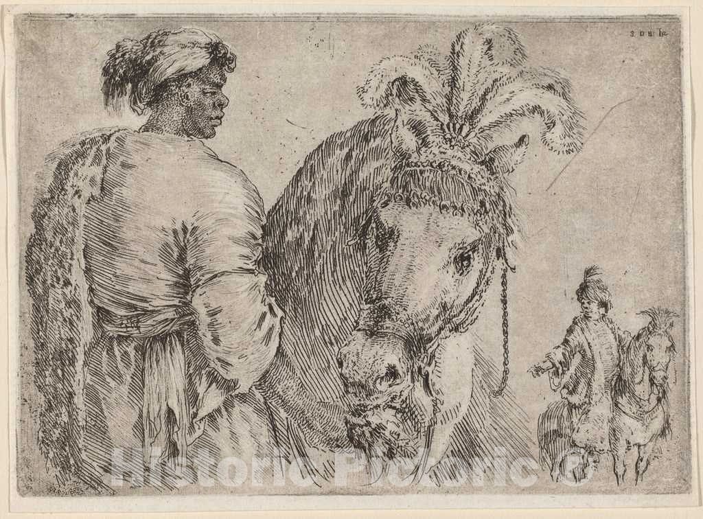 Art Print : Stefano Della Bella, Negro Feeding a Horse, 1662 - Vintage Wall Art