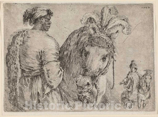 Art Print : Stefano Della Bella, Negro Feeding a Horse, 1662 - Vintage Wall Art