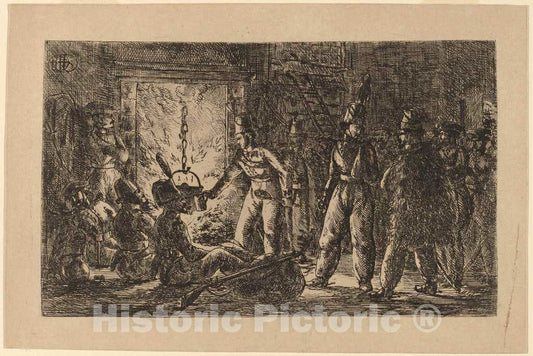 Art Print : Gerhardus Emaus de Micault, Cossacks Before a Fireplace (Les cosaques Devant la cheminee de la Ferme en Hollande) [Recto], 1815 - Vintage Wall Art