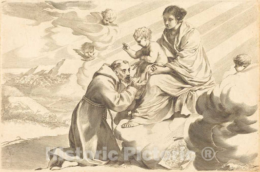 Art Print : Claude Mellan, Saint Francis Adoring The Christ Child, 1598-1688 - Vintage Wall Art