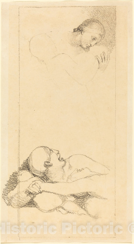 Art Print : Flaxman, Frightened Man Looking Up; Woman and Children - Vintage Wall Art