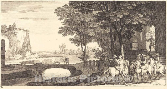 Art Print : SÃ©bastien Le Clerc I, Landscape with Horsemen and Bridge, 1673 - Vintage Wall Art