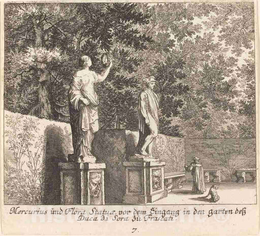 Art Print : KÃ¼sel After Johann Wilhelm Baur, Statues of Mercury and Flora, Gardens of Dukedi Sora, Frascati, 1681 - Vintage Wall Art