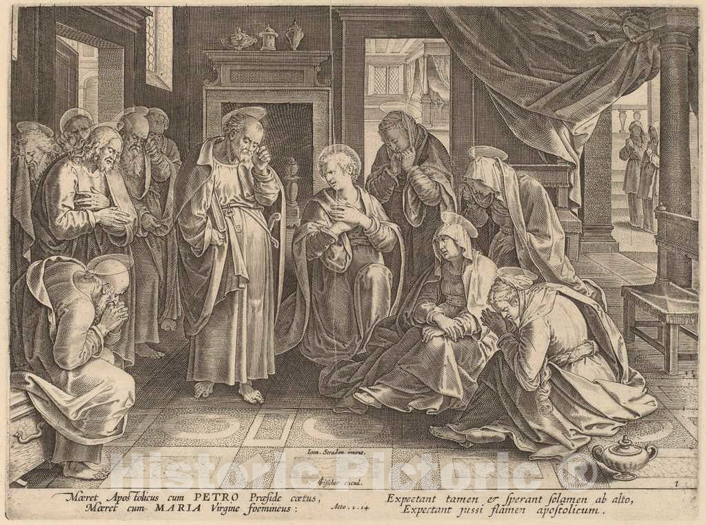 Art Print : Galle After Jan Van der Straet, The Meeting of The Apostles and The Women in The Upper Room - Vintage Wall Art