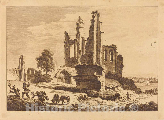 Art Print : Sandby, Ruined Abbey with Cattle and a Man Chopping Wood, 1758 - Vintage Wall Art
