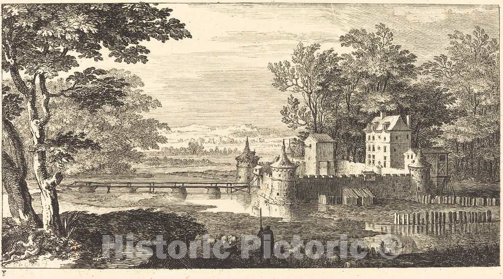 Art Print : SÃ©bastien Le Clerc I, Landscape with Chateau, 1673 - Vintage Wall Art