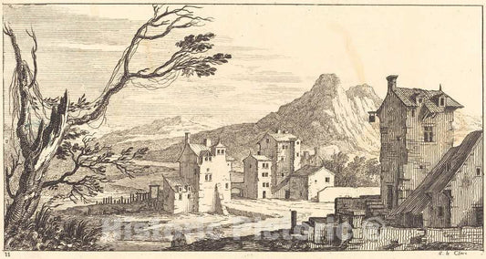 Art Print : SÃ©bastien Le Clerc I, Landscape with Houses, 1673 - Vintage Wall Art