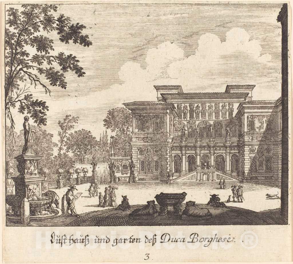 Art Print : KÃ¼sel After Johann Wilhelm Baur, Borghese Palace and Gardens, 1681 - Vintage Wall Art