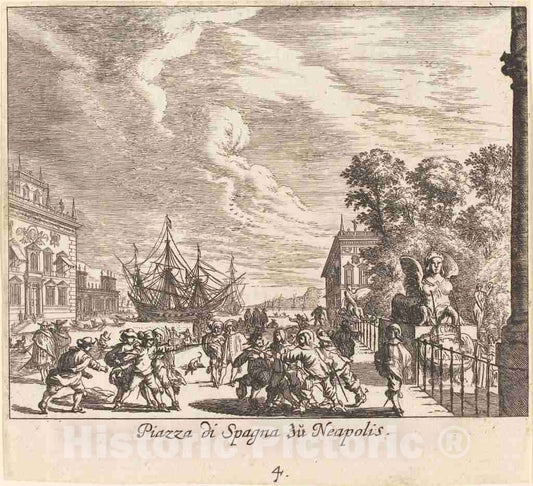 Art Print : KÃ¼sel After Johann Wilhelm Baur, Piazza di Spagna, Naples, 1681 - Vintage Wall Art