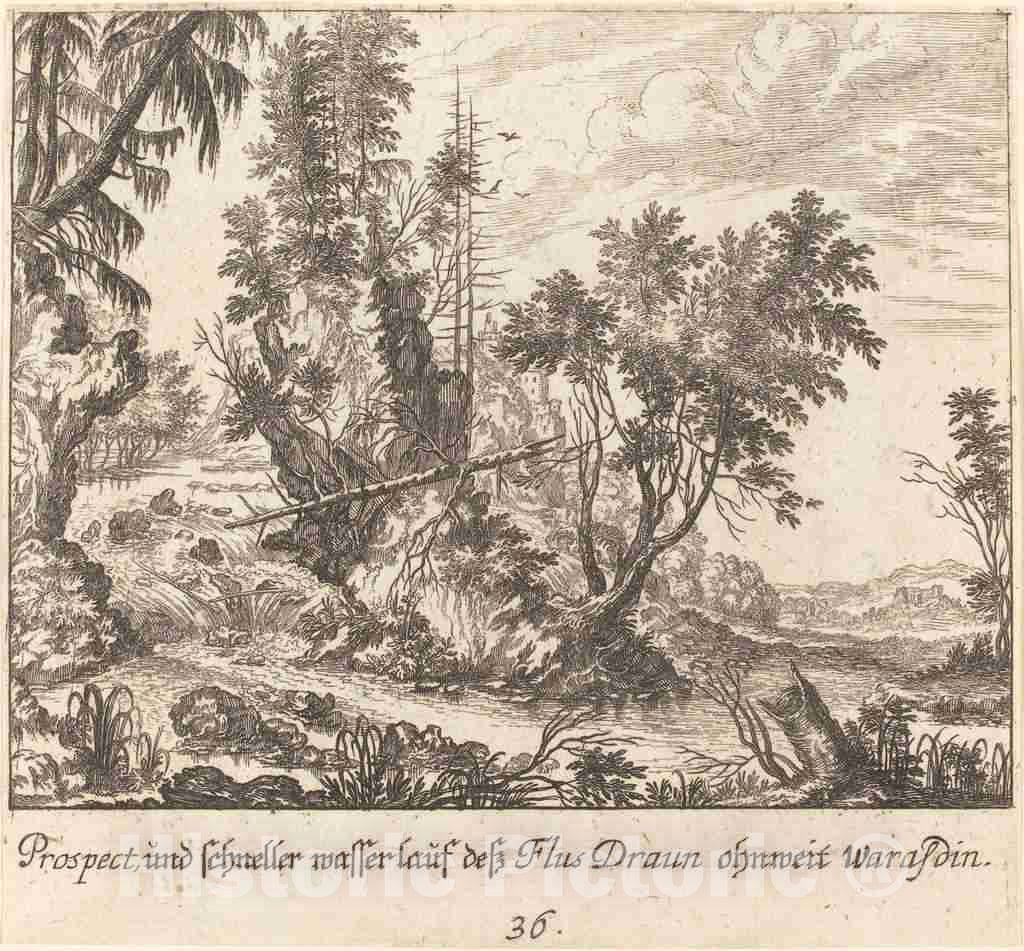 Art Print : KÃ¼sel After Johann Wilhelm Baur, Draun River, 1681 - Vintage Wall Art