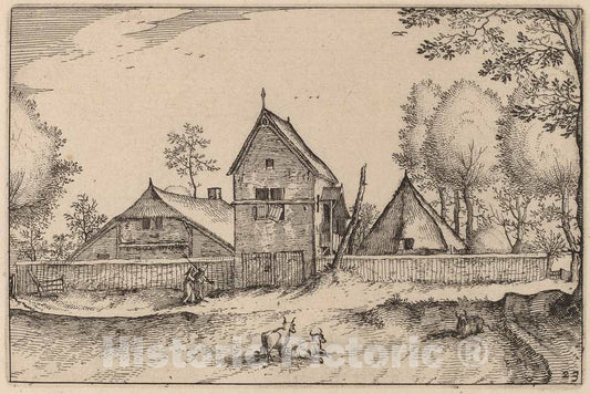 Art Print : Visscher After Van Doetechum, Large Walled Farm - Vintage Wall Art