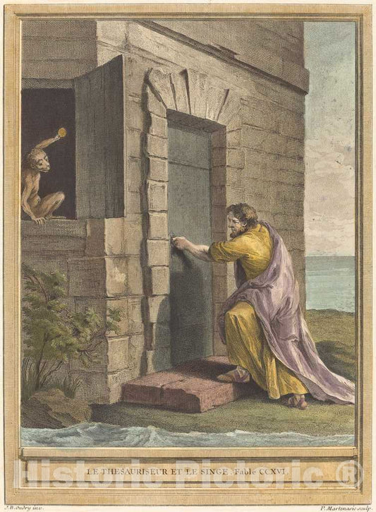 Art Print : Martenasie After Oudry, Le thesauriseur et la Singe (The Miser and The Monkey), 1759 - Vintage Wall Art