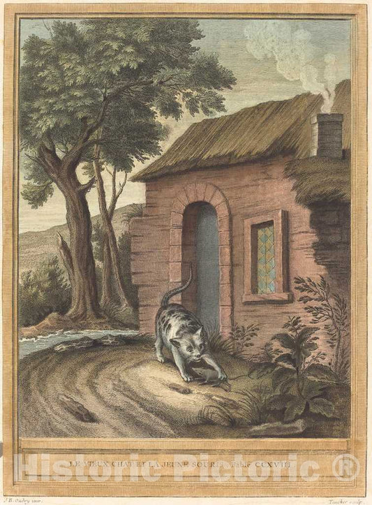 Art Print : Teucher After Oudry, Le Vieux Chat et la Jeune Souris (The Old Catand The Young Mouse), 1759 - Vintage Wall Art