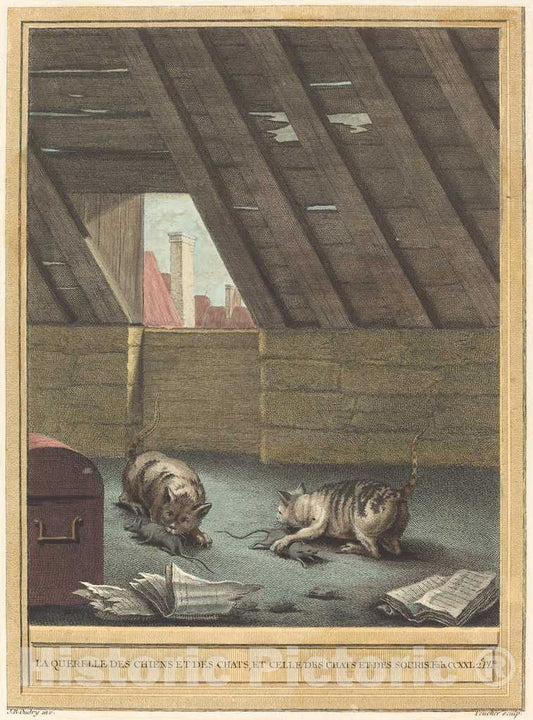 Art Print : Teucher After Oudry, The Quarrel of Cats and Dogs, and That of Cats and Mice, 1759 - Vintage Wall Art