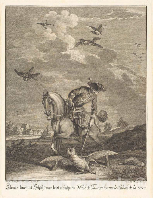 Art Print : Johann Elias Ridinger, Falconeer Lifting an Owl from The Ground - Vintage Wall Art