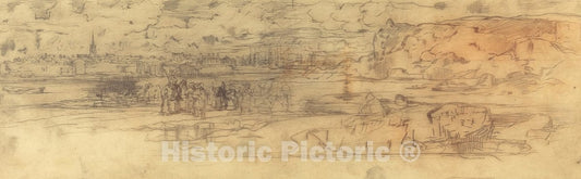 Art Print : FÃ©lix-Hilaire Buhot, Estuary with a Fortified Seaport at Left and Cliffs at Right, c. 1882 - Vintage Wall Art