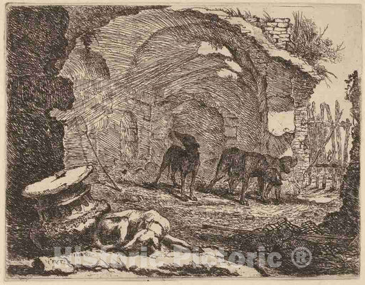 Art Print : Jan Fyt, Four Dogs, One Sleeping Beside a Capital, 1642 - Vintage Wall Art