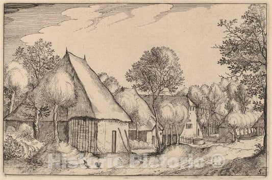 Art Print : Visscher After Van Doetechum, A Farmyard, 1612 - Vintage Wall Art