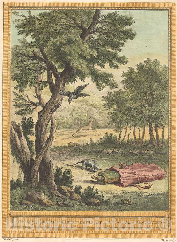 Art Print : Chedel After Oudry, Le corbeau, la Gazelle, la tortue et le Rat (The Crow, The Gazelle, The Tortoise, and, 1759 - Vintage Wall Art