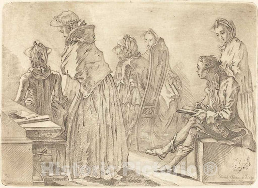 Art Print : Daniel Nikolaus Chodowiecki, Party with Six Ladies and The Artist, 1758 - Vintage Wall Art