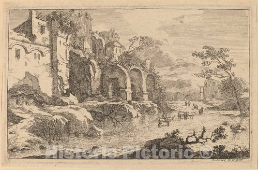 Art Print : Jan Smees, Building in Ruins at The Side of a River - Vintage Wall Art