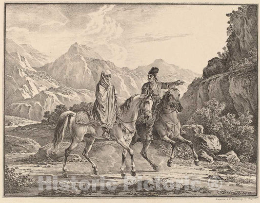 Art Print : Orlovskii, Man and Veiled Woman on Horseback, 1820 - Vintage Wall Art
