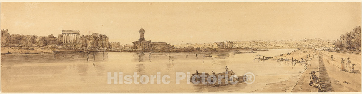 Art Print : Thomas Girtin, View of The Village of Chaillot from The Pont de la Concorde: pl.17, 1802 - Vintage Wall Art
