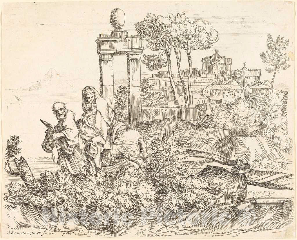 Art Print : SÃ©bastien Bourdon, The Flight into Egypt - Vintage Wall Art