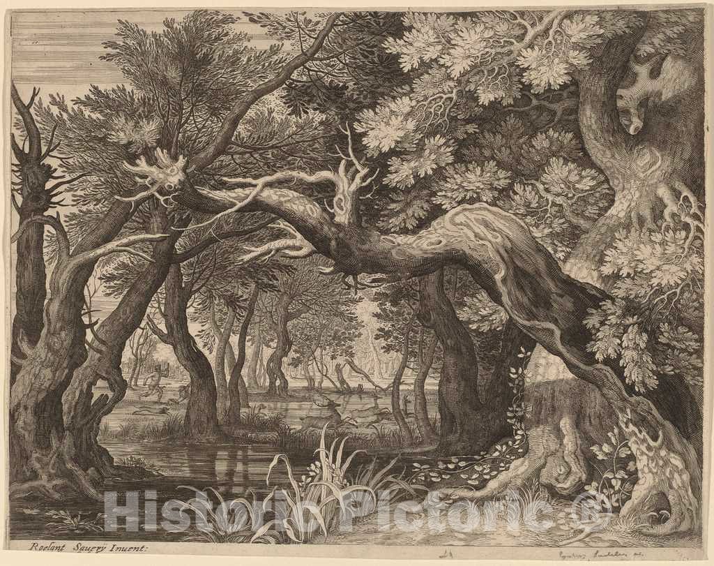 Art Print : Sadeler II After Savery, Stag Hunt Near a Pool - Vintage Wall Art