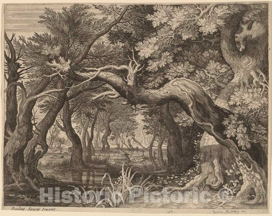 Art Print : Sadeler II After Savery, Stag Hunt Near a Pool - Vintage Wall Art