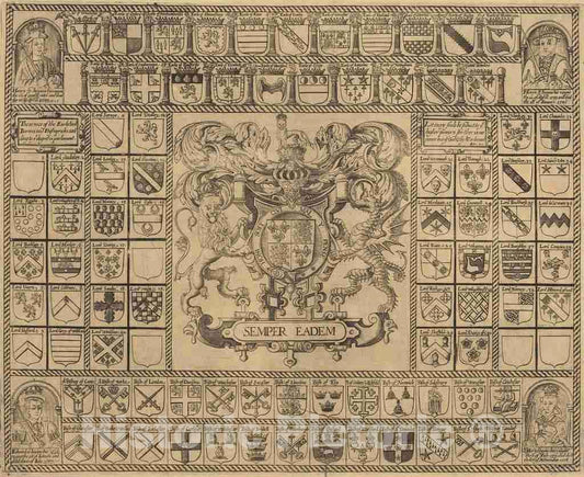 Art Print : Coats of Arms with Corner Portraits of Henry VII, Henry VIII, Edward VI, and Mary - Vintage Wall Art