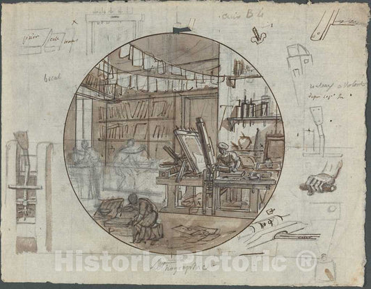 Art Print : Lithographic Workshop, 19th Century - Vintage Wall Art