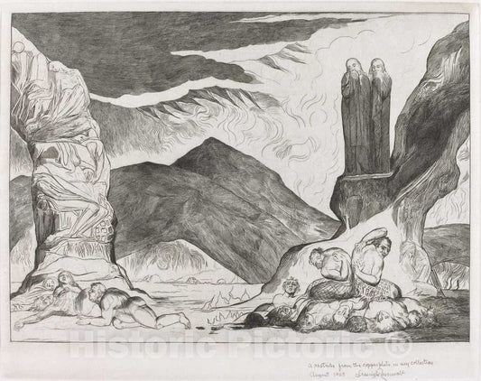 Art Print : William Blake, The Circle of The Falsifiers: Dante and Virgil Covering Their Noses Because of The Stench, 1827 - Vintage Wall Art