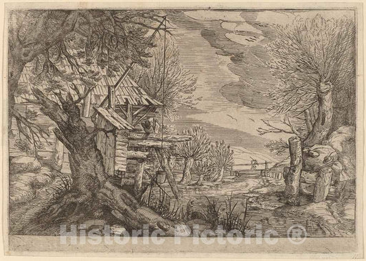 Art Print : Landscape with Log House Near a River - Vintage Wall Art