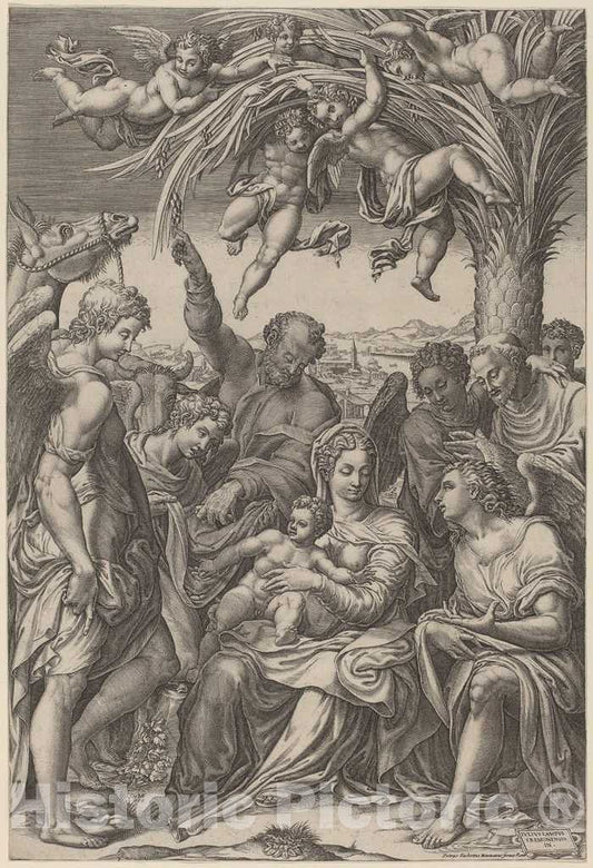 Art Print : Ghisi After Giulio Campi, The Rest on The Flight into Egypt, 1578 - Vintage Wall Art
