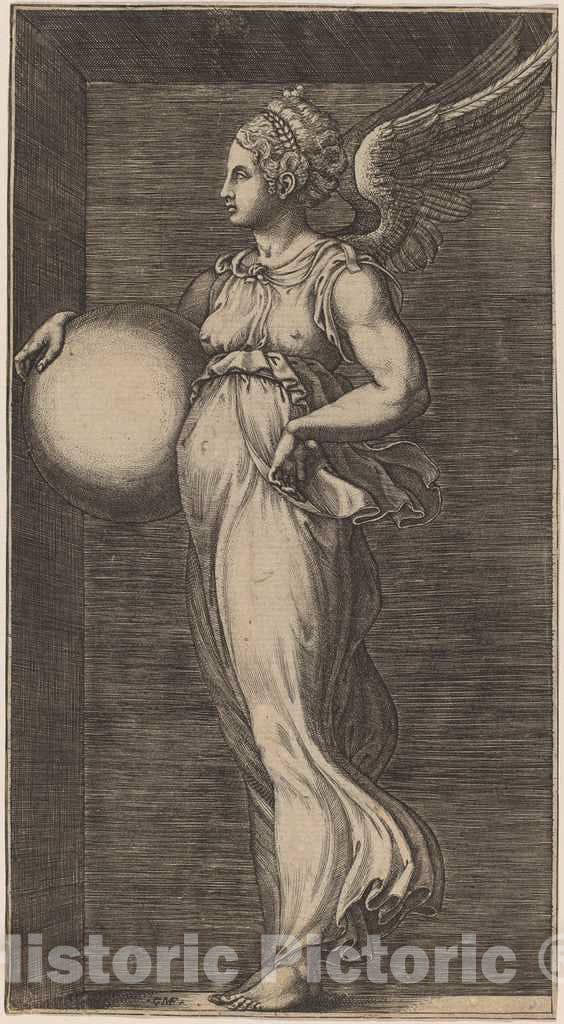Art Print : Ghisi After Giulio Romano, Allegorical Figure Holding a Sphere, mid 1560s - Vintage Wall Art