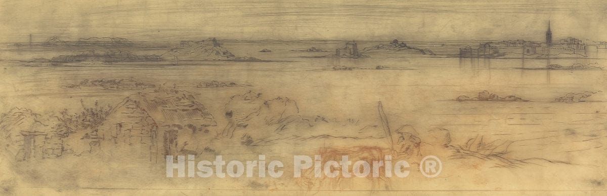 Art Print : FÃ©lix-Hilaire Buhot, Seascape with a Fortified City at Right, Islands at Left and a Cottage in The Foreground, c. 1882 - Vintage Wall Art