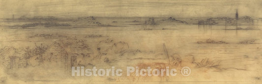 Art Print : FÃ©lix-Hilaire Buhot, Seascape with a Fortified City at Right, Islands at Left and a Cottage in The Foreground, c. 1882 - Vintage Wall Art