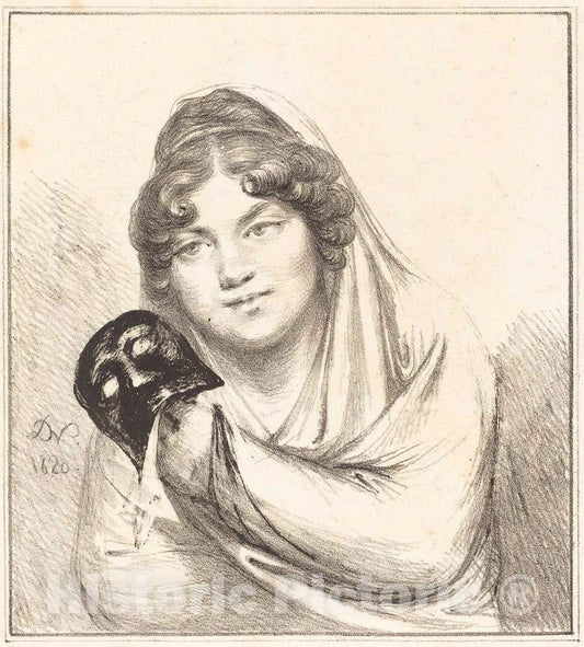 Art Print : Vivant Denon, Girl with a Mask, 1820 - Vintage Wall Art
