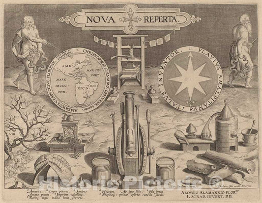 Art Print : Galle After Jan Van der Straet, Title Page for New Discoveries, c.1585 - Vintage Wall Art