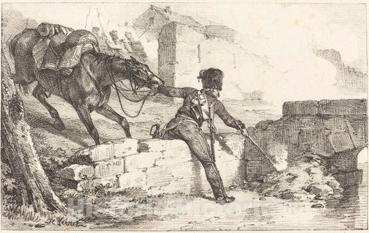 Art Print : Horace Vernet, Artilleryman Lighting a Mine - Vintage Wall Art