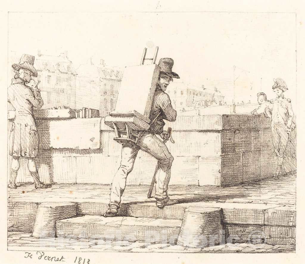 Art Print : Horace Vernet, Artist Carrying Easel with a Lithographic Stone, 1818 - Vintage Wall Art