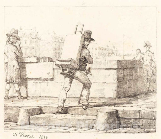 Art Print : Horace Vernet, Artist Carrying Easel with a Lithographic Stone, 1818 - Vintage Wall Art