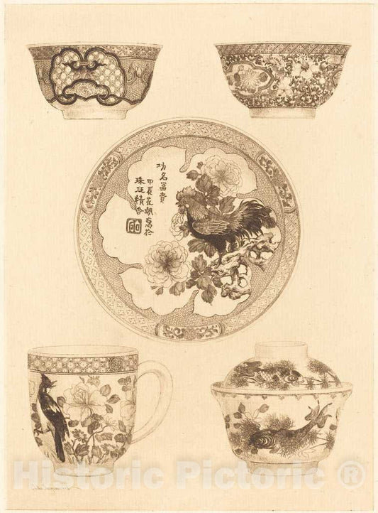 Art Print : Jules-Jacquemart, Five Pieces of China - Vintage Wall Art