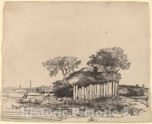 Art Print : Rembrandt, Cottage with a White Paling, 1648 - Vintage Wall Art