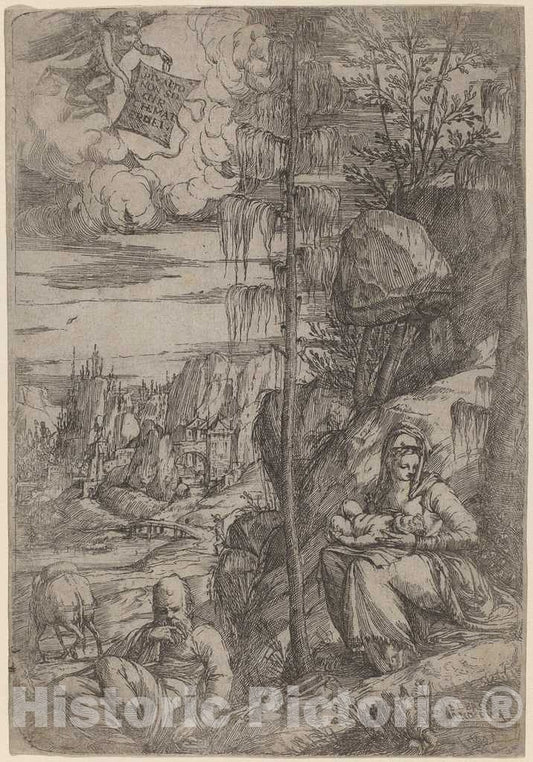 Art Print : Sebastiano de Valentinis, Landscape with The Rest on The Flight into Egypt - Vintage Wall Art