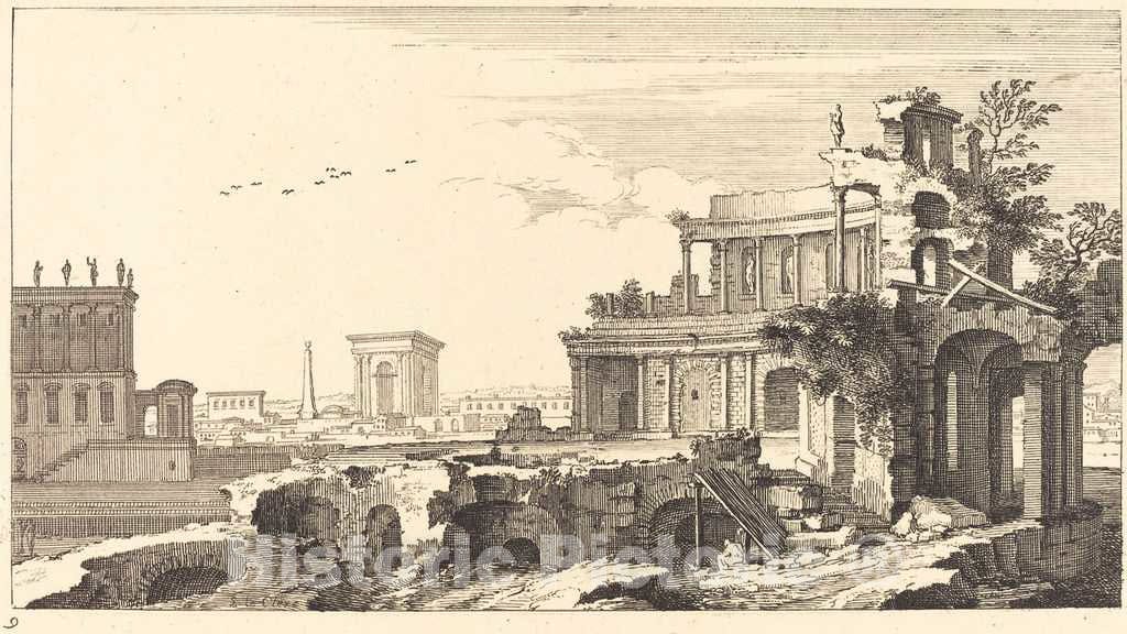 Art Print : SÃ©bastien Le Clerc I, Landscape with Classical Ruins, 1673 - Vintage Wall Art