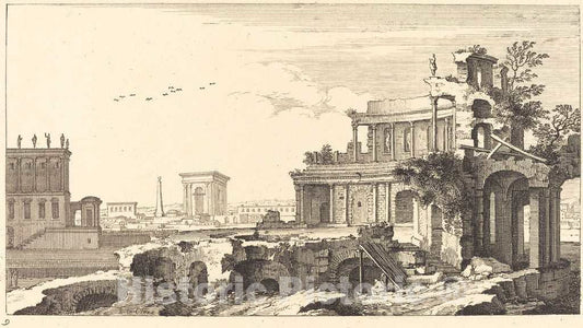 Art Print : SÃ©bastien Le Clerc I, Landscape with Classical Ruins, 1673 - Vintage Wall Art
